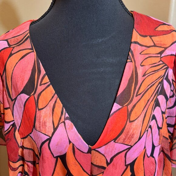 🧡DKNY Red Orange Floral Tropical Flowy Colorful Plunging Neckline Dress Size 14 - Picture 6 of 10